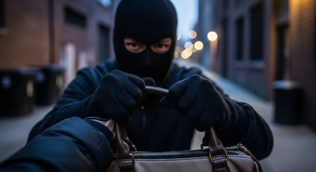 Man in ski mask stealing handbag from victim on street. Concept of crime, robbery, and street mugging. Warning about personal security and theft.の写真素材