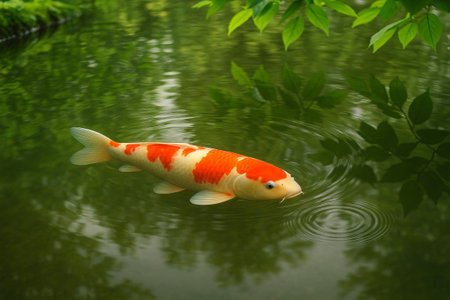 Koi fish swimming gracefully in a tranquil pond amidst lush greenery. concept of nature's beauty, tranquility, and aquatic serenity.の写真素材