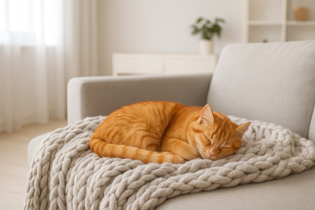 Happy orange cat sleeping on cozy gray knitted blanket on sofa in sunlit living room. concept of comfortable home interior, feline relaxation, peaceful domestic scene.の写真素材
