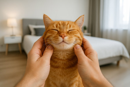 Happy ginger cat contentedly enjoying head scratches in cozy bedroom interior. concept of feline relaxation, pet affection, comfortable home setting.の写真素材