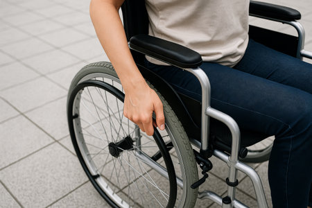 Young woman in wheelchair on sunlit pavement holding wheel. concept of accessibility, mobility, empowerment.の写真素材