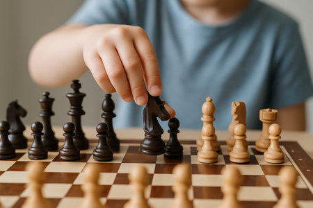 Child strategically moves chess piece on wooden board during fun game session. concept of critical thinking, strategy development, intellectual game..の写真素材