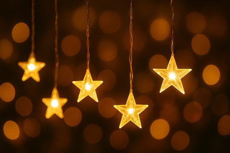 Golden starry lights on dark background sparkling and glowing with warm colors for festive decor....