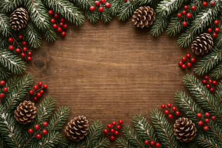 Festive vintage frame with pinecones and red berries on wooden background for holiday decor. concept...