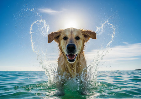 Happy golden retriever dog splashing in ocean water under sunny blue sky. concept of joyful pet,...