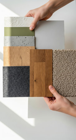 Hands holding variety of material samples featuring wood, carpet, and stone textures for interior...