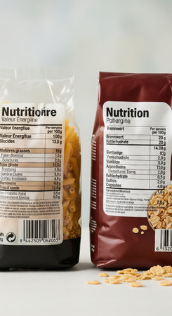 Nutritional information on packaged pasta and cereal in kitchen setting. concept of food packaging,...