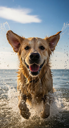 Golden retriever joyfully splashing through ocean waves on a sunny beach day. concept of playful pet adventure, happy dog, summer fun, vertical.の写真素材