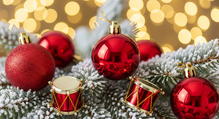 Red Christmas ball ornament with drum decoration on snowy fir tree branch. New Year festive theme...