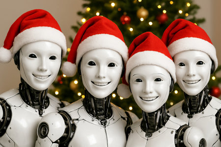 Festive christmas robots wearing santa hats smiling in front of decorated tree. concept of holiday technology, futuristic celebration, joyful festivity.の写真素材