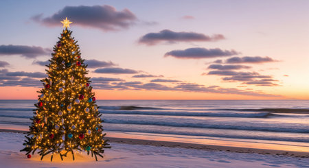 Christmas tree with lights and ornaments standing on a snowy beach at sunrise. Holiday display for celebration and winter season concept. copy space.の写真素材