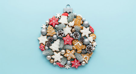 Christmas ornament made of gingerbread cookies, pine cones, and festive decorations on a light blue...