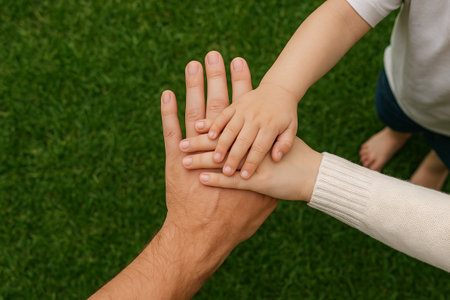 Family unity and support depicted through hands of adult and child on grass background. concept of...