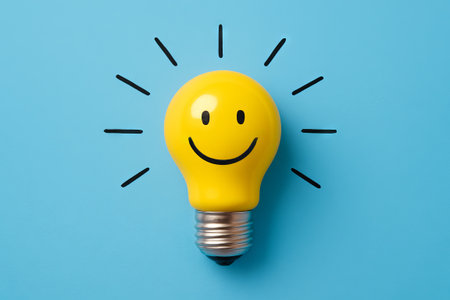 Smiling yellow lightbulb illustration on blue background radiating happiness and creativity. concept of positive energy, bright idea, cheerful mood.の写真素材