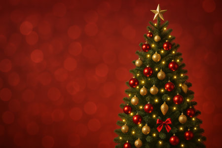Festive christmas tree with red and gold ornaments against a red bokeh background for holiday celebration and seasonal decor, copy space.の写真素材