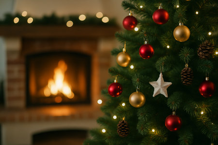 Cozy christmas glow featuring decorative ornaments and warm fireplace ambiance in a festive holiday setting. concept of christmas decor, holiday spirit, winter warmth.の写真素材