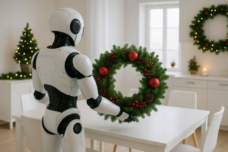 Robot decorating table with festive wreath in modern room for christmas celebration. concept of...