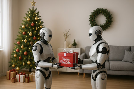 Futuristic robots exchanging a christmas gift in a cozy living room with decorated tree and wrapped...