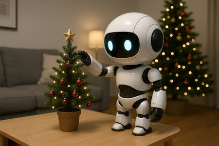 Cute robot decorating christmas tree with star and ornaments in cozy living room. concept of holiday festivity, technological charm, christmas spirit.の写真素材