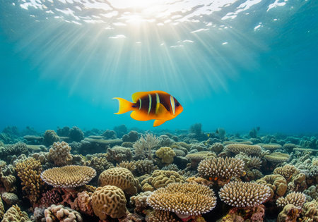 Vibrant clownfish swimming over a coral reef underwater surrounded by marine life in a colorful...