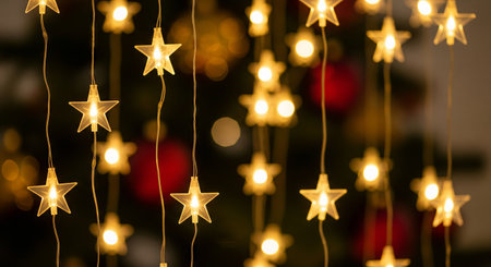 Star shaped string lights glowing with warm light. Decorative illumination for holiday celebration...