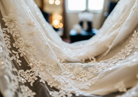 Wedding dress with intricate lace and beaded floral embroidery, an elegant detail for a bridal...