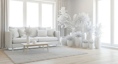 Trendy white color 2026 year. Modern and bright living room interior design with white sofa and...