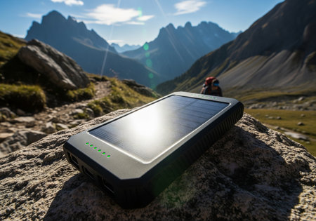Portable solar panel power bank charging on mountain rock. Sustainable energy solution for outdoor...