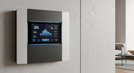 Smart home control panel with digital display showing energy consumption data. Modern technology for...