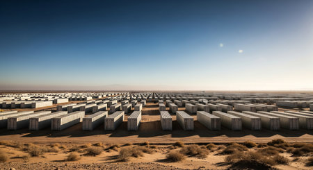 Rows of shipping containers in a vast desert landscape under a clear blue sky, illustrating global...