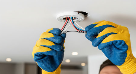 Electrician man wearing protective gloves connecting wires for light fixture. Electrical...
