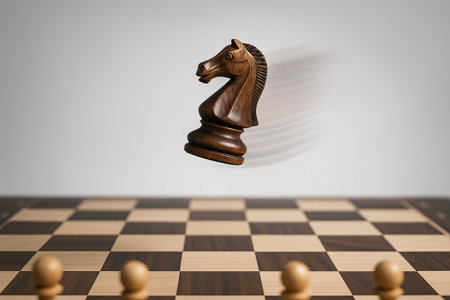 Levitating chess piece showcasing dramatic motion on wooden chessboard surface. concept of strategic gameplay, mind challenge, artistic design.の写真素材