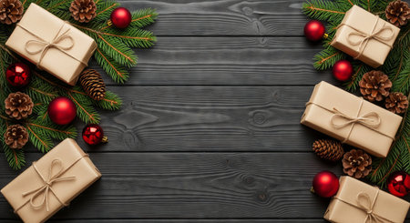 Overhead view of Christmas decoration with gift box, pine branch, red ball, and cone on an aged wooden table for holiday greeting card. copy space.の写真素材