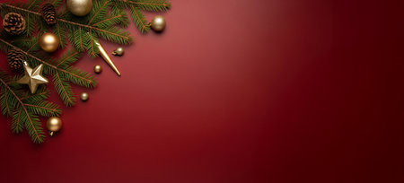 Fir branch with golden decoration on red background for Christmas and New Year holiday greeting...