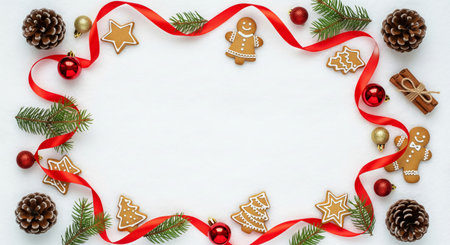 Christmas festive frame with fir branches, gingerbread cookies, red ribbon and pine cones. Holiday...