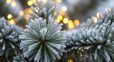 Close up of frosted pine needles on a tree with blurred festive lights in the background. Winter holiday decor for Christmas card..の写真素材
