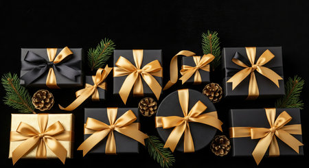 TITTLE: Collection of black and gold gift boxes with pine cones and fir branches on black...