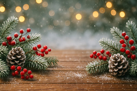 Festive pine arrangement with red berries and pine cones on wooden table for holiday decor. concept of christmas decoration, winter festivity, seasonal celebration.の写真素材