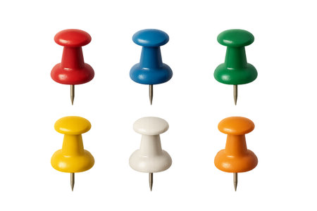 Colorful push pins set isolated on white background. concept of office supplies, bulletin board...