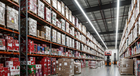 Large warehouse interior with boxes and holiday decor on high racks. Storage and distribution facility for Christmas and seasonal goods..の写真素材