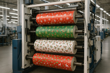 Industrial printing machine creating festive christmas wrapping paper with snowflakes and holiday patterns. concept of holiday decor, gift wrapping, manufacturing process.の写真素材
