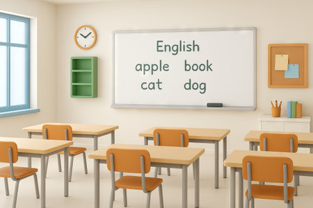 Modern classroom with wooden desks and chairs for simple learning environment with english word practice on whiteboard. concept of education, classroom decor, learning space.の写真素材