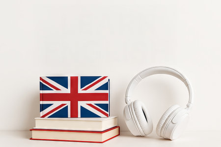 Stack of books with union jack and headphones for learning english language skills and education concept, copy space.の写真素材