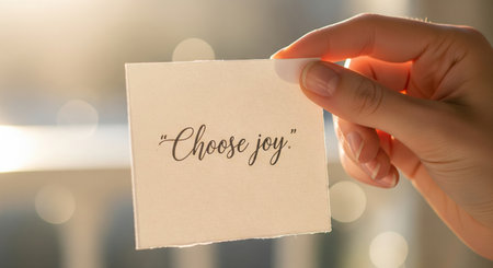 Hand holding inspirational card with choose joy quote in sunlit background. concept of positivity, motivation, uplifting message.の写真素材