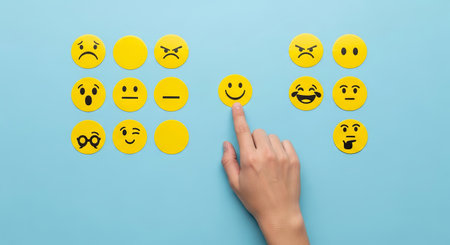 Hand pointing at smiling faces among varied facial expression emotions on blue background. concept of emotions, humor, mood variety.の写真素材