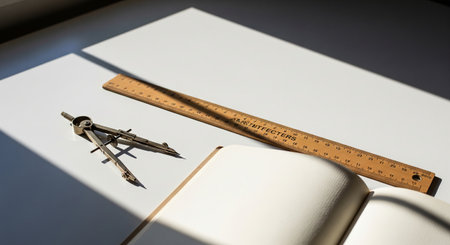 Ruler and compass on white paper with open book in bright sunlight. concept of precise measurement, drawing tools, educational supplies.の写真素材