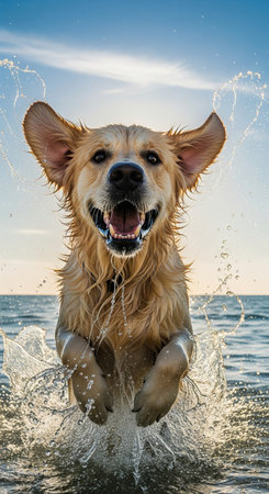 Golden retriever joyfully playing in ocean waves on a sunny day at the beach. concept of happy pet, playful dog, seaside adventure., vertical.の写真素材