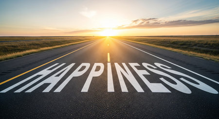 Open road with happiness text at sunset symbolizing journey to fulfillment and positive emotion. concept of optimism, travel inspiration, freedom.の写真素材