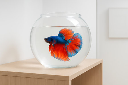 Colorful betta fish swimming in glass bowl on wooden surface. concept of vibrant aquarium pet, home decor, aquatic art.の写真素材