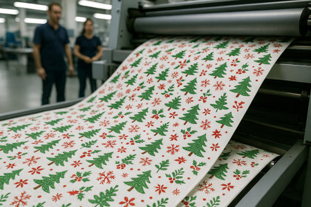 Christmas textile print featuring festive green trees and red snowflakes in industrial setting....